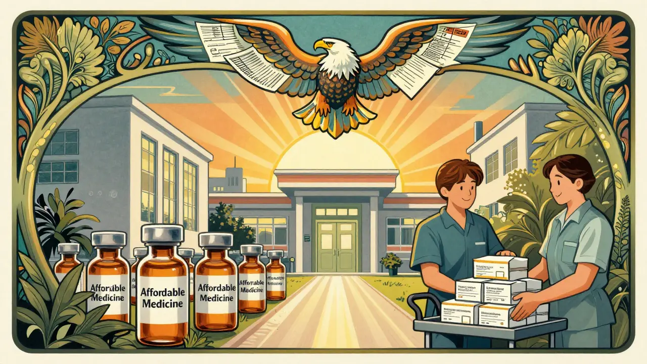 A sunrise illuminates a pharmaceutical facility with vials leading to a hospital, as an eagle made of compliance trails flies overhead.