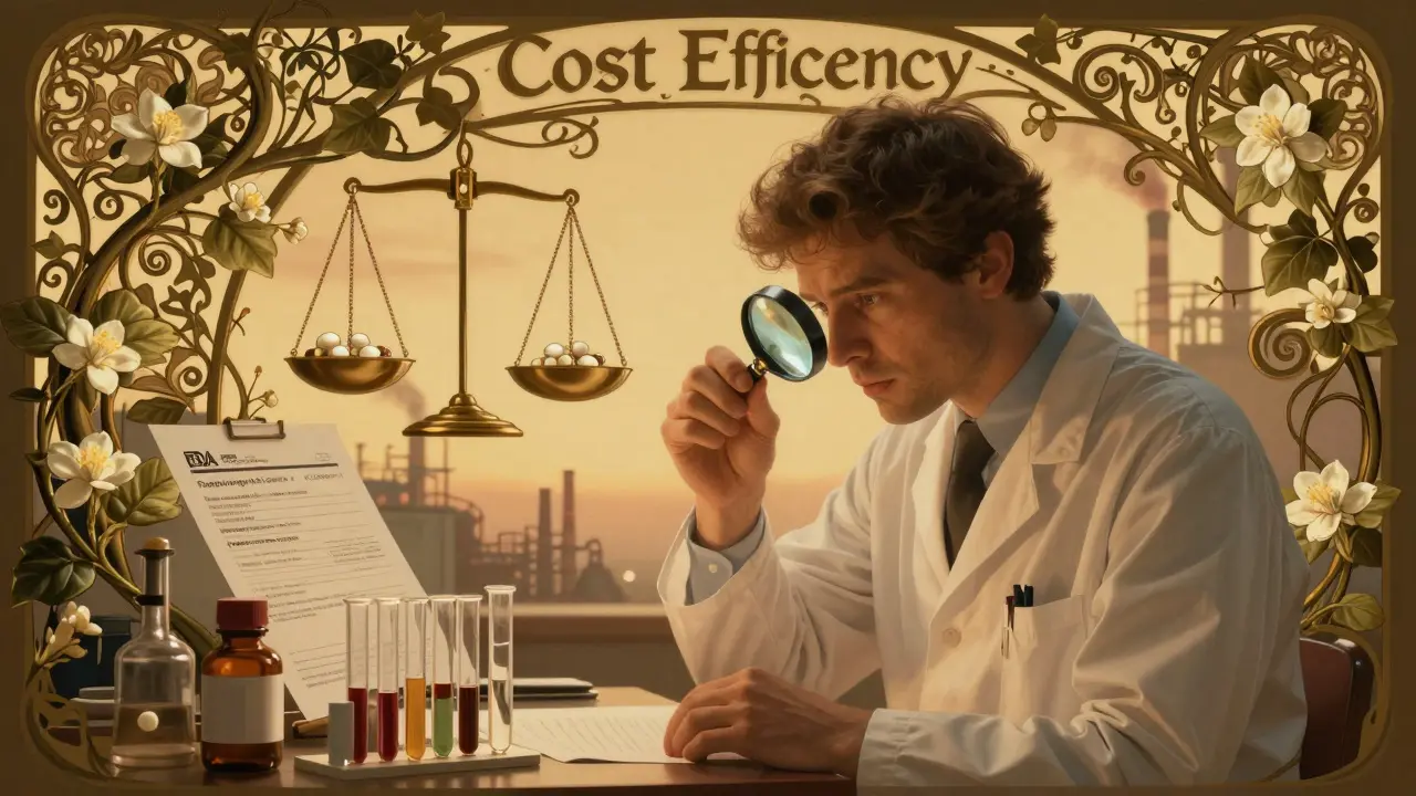 A technician examining a pill under magnification, surrounded by compliance documents and delicate vines in soft amber light.