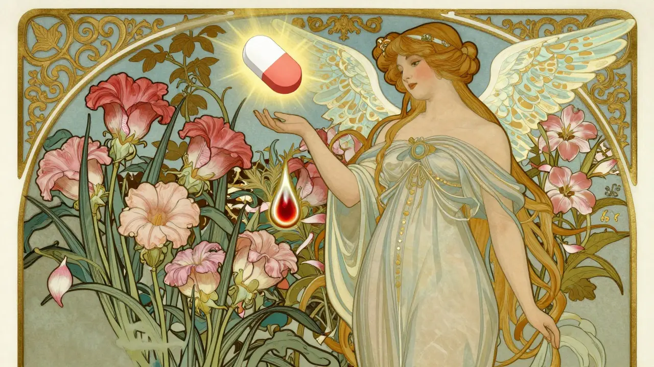 A woman beside kidney-shaped flowers, one petal falling into protein-stained urine, with a protective pill above.