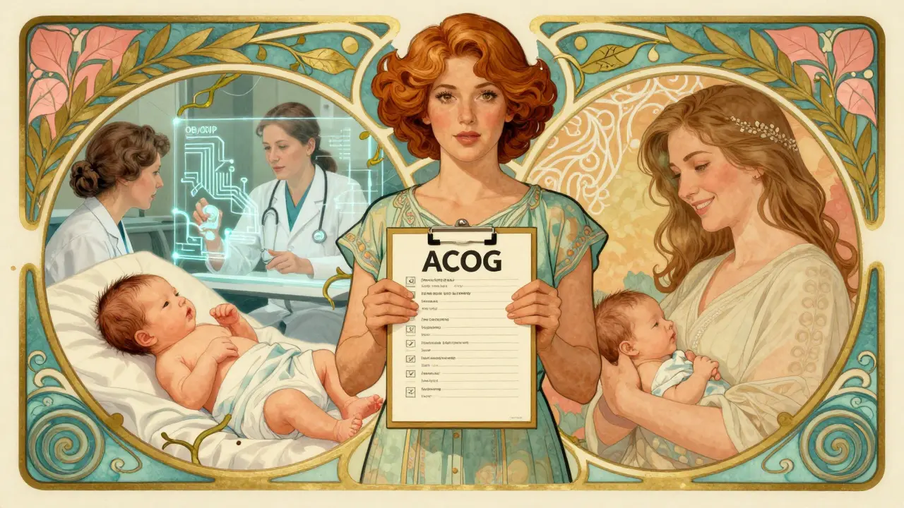 A woman holding a safety checklist, with doctors communicating via vine-and-circuitry network behind her.