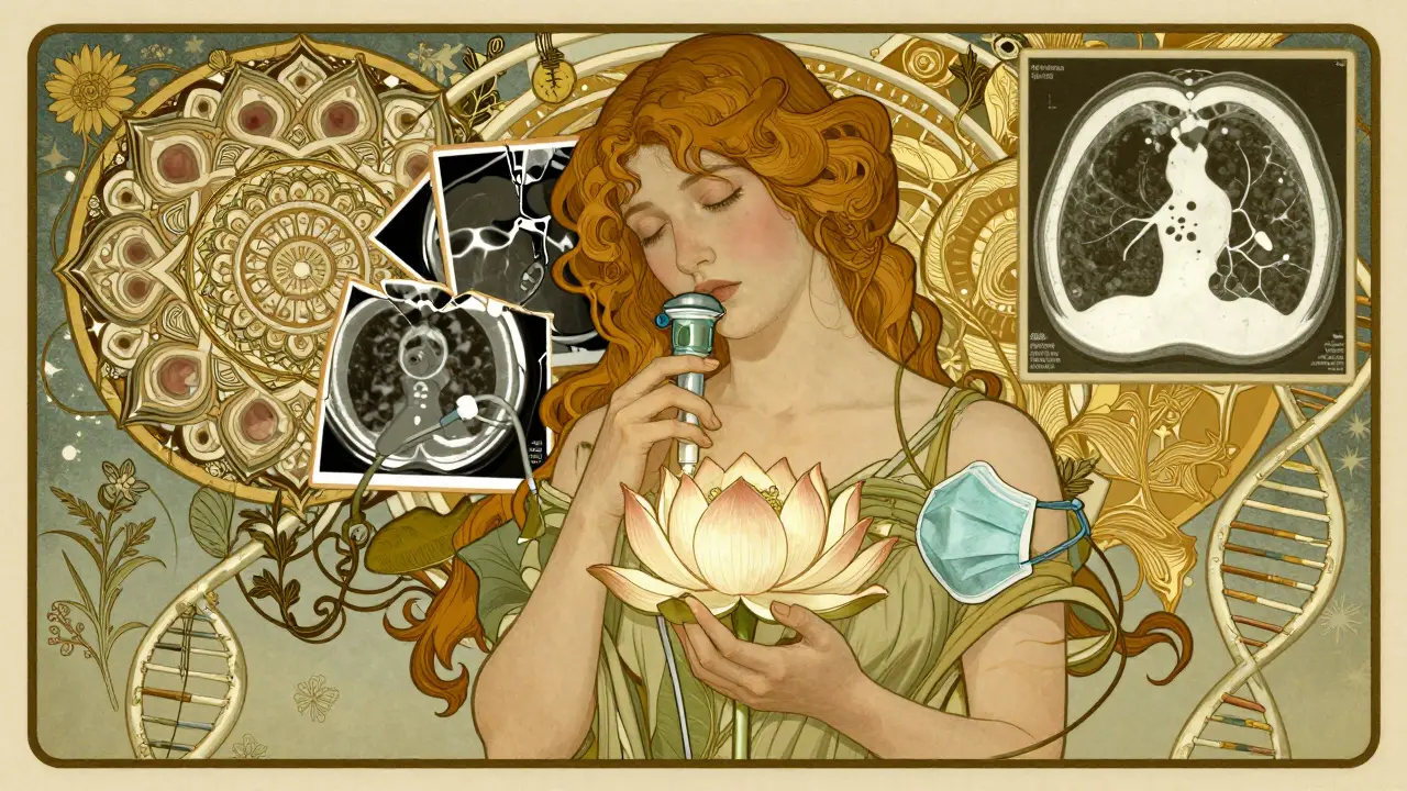 A woman holding an oxygen concentrator shaped like a lotus, surrounded by CT scan mandalas and AI filigree patterns.