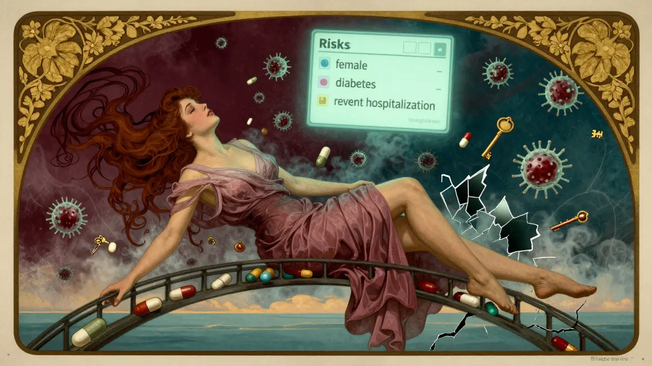 A woman on the brink of weakness, with a medical risk scorecard above her and safe antibiotics forming a path forward.