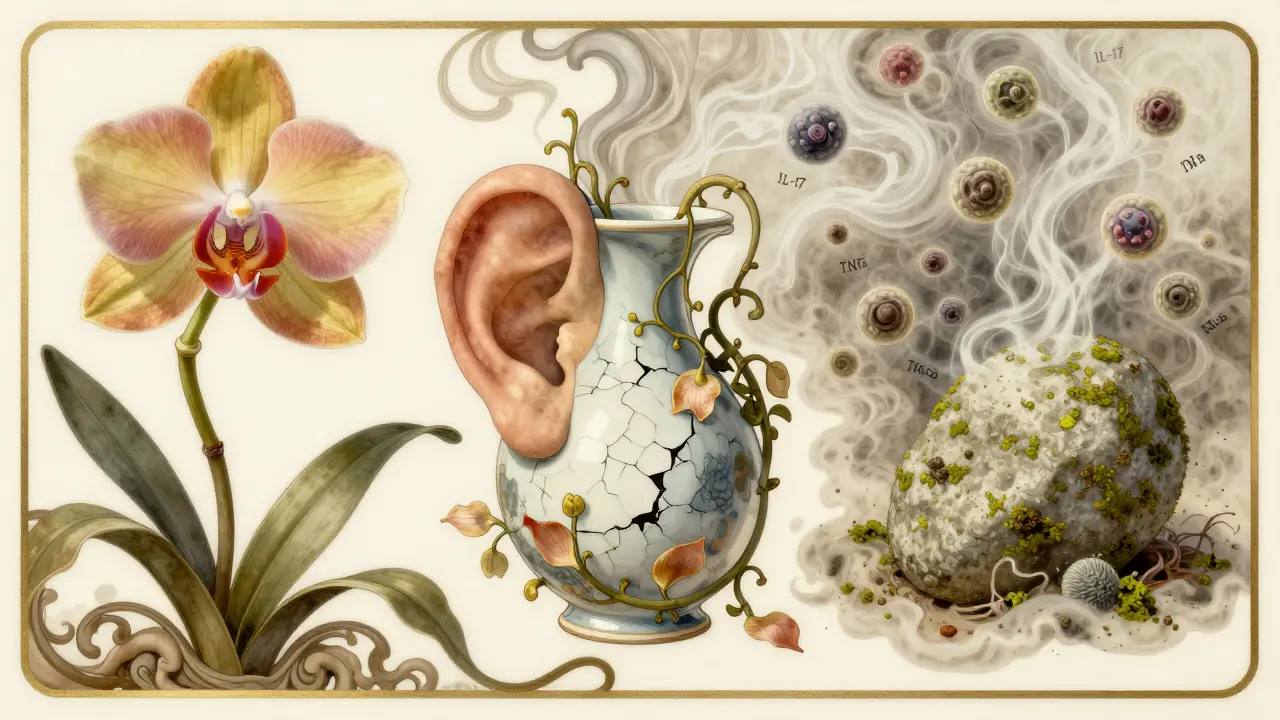 An ear transforming over 15 years from vibrant flower to silent stone in Art Nouveau design.