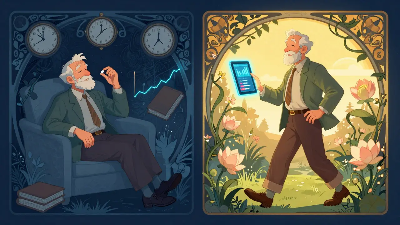 An elderly man contrasts groggy pill dependence with confident morning walks guided by a lotus-shaped app.