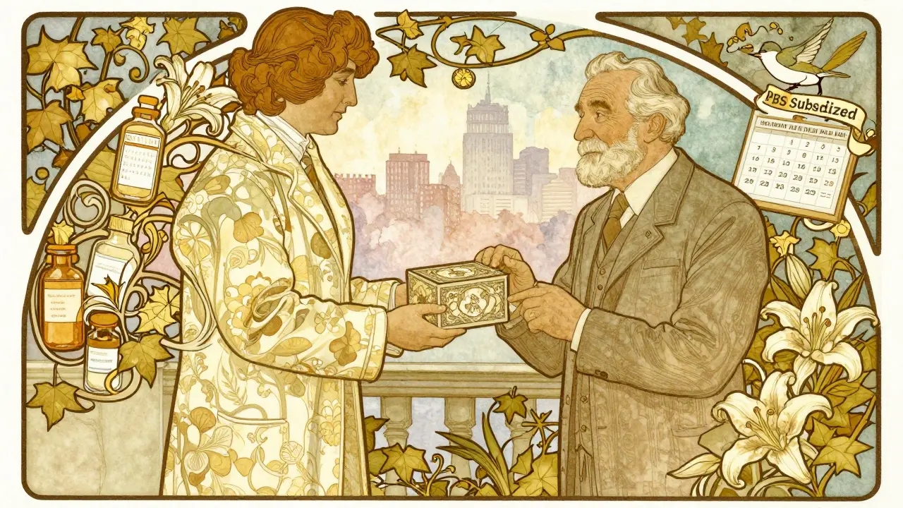 An elderly man is handed a decorative prescription box by a pharmacist in a flowing floral coat.
