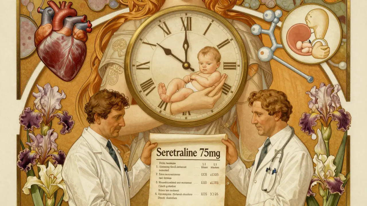 An elegant clock with maternal arms cradling a baby, surrounded by medical symbols and blooming lilies.
