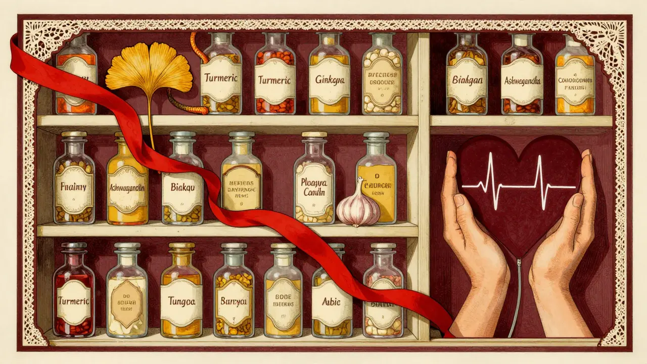 An overflowing medicine cabinet with herbal bottles and a red warning ribbon snaking through, in ornate Art Nouveau design.