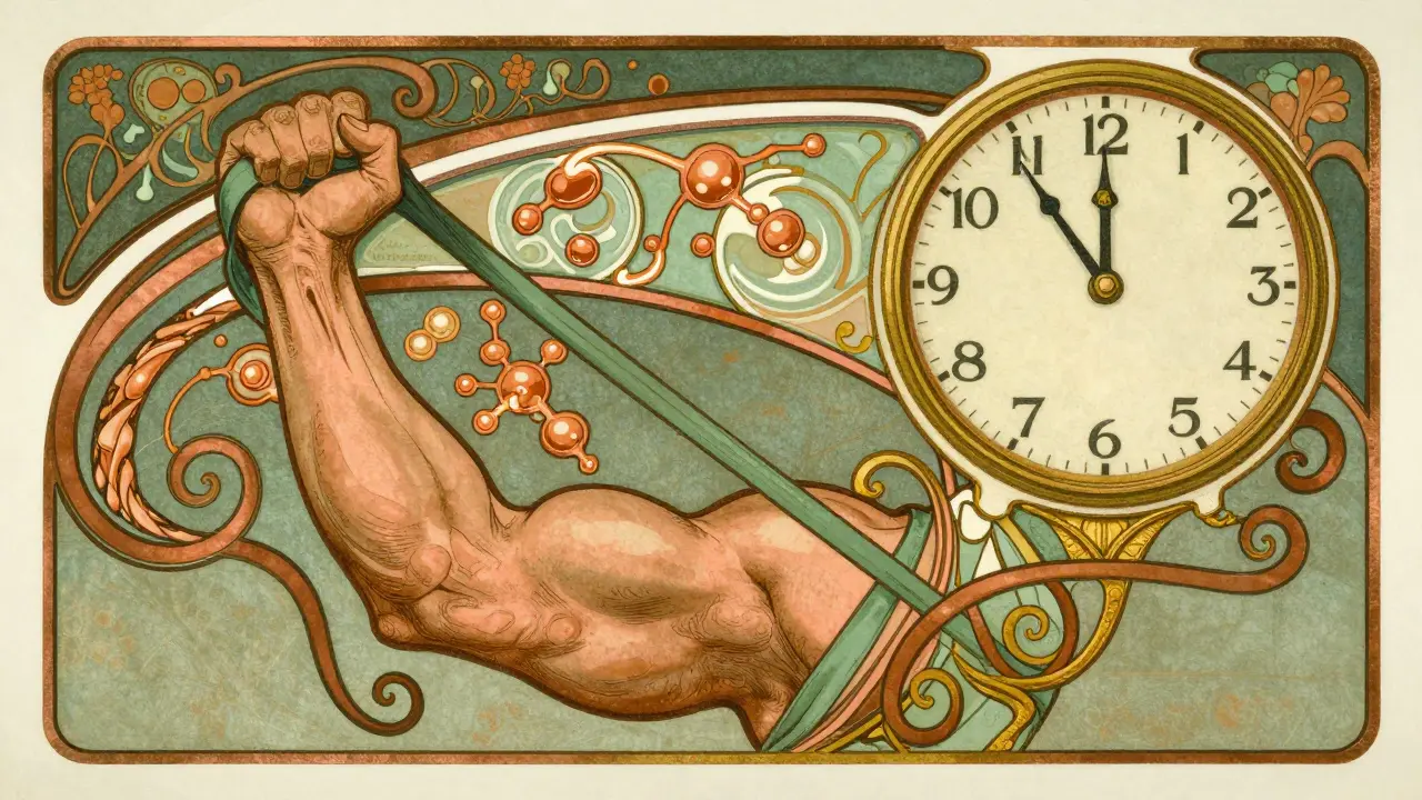 Arm with resistance bands transforming into muscle and glucose molecules in ornate style.