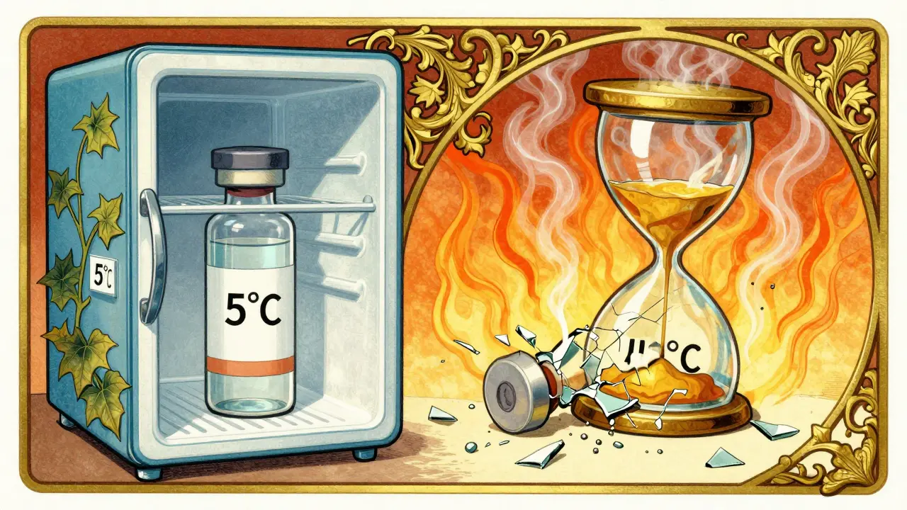 Contrasting images of a preserved insulin vial in cool blue and a degraded one in heat, framed by ornate Art Nouveau borders.