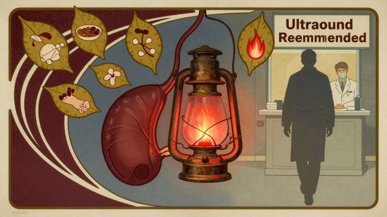 Gallbladder lantern emitting red light surrounded by warning symbols shaped like falling leaves in Art Nouveau design.