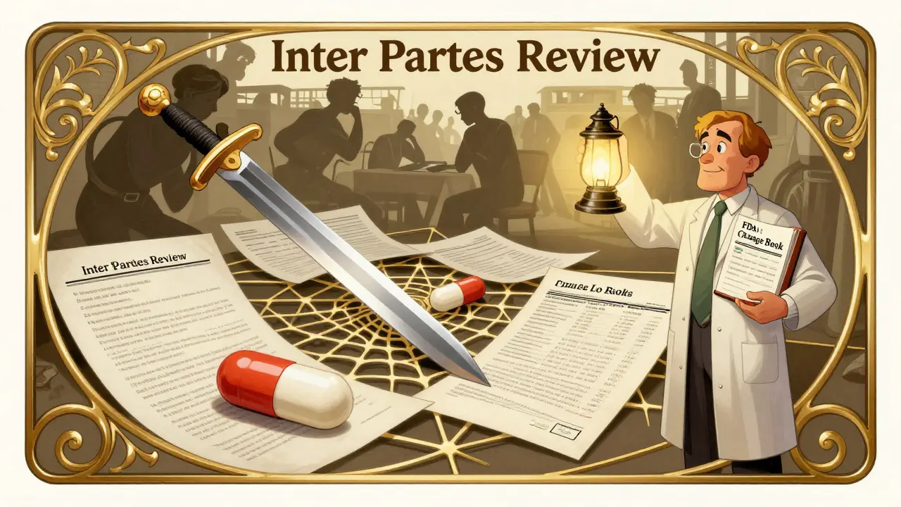 Legal documents battlefield with pharmacist holding FDA Orange Book as light, patients confused by insurance forms.