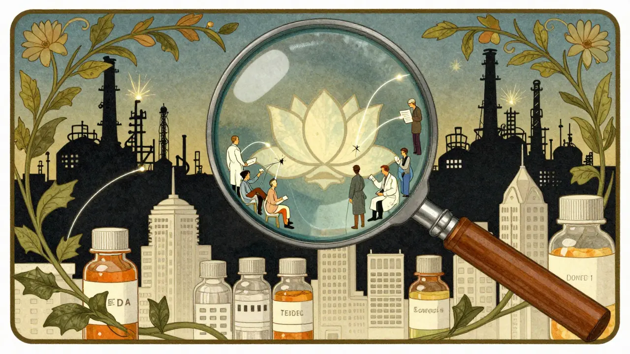 Magnifying glass over a city of pill bottles, with reports flowing to an FDA lotus emblem.