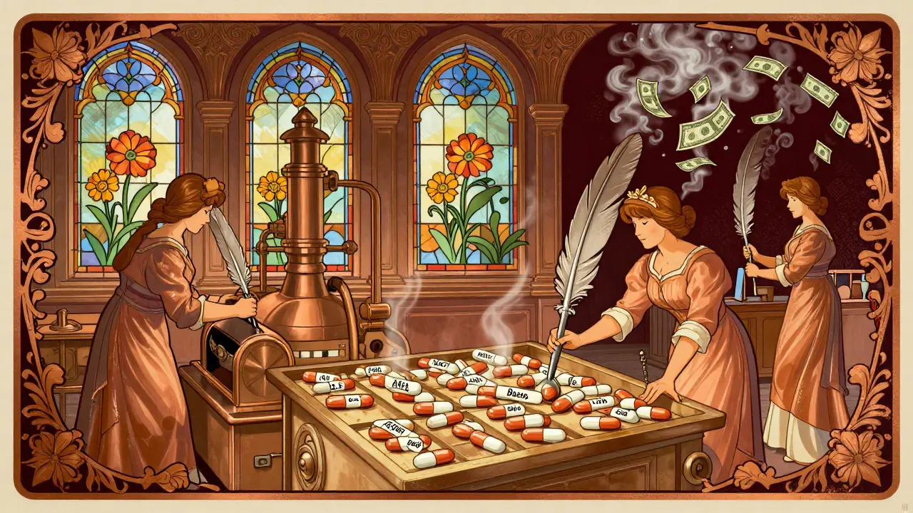 Ornate factory producing identical pills with dual branding, workers in flowing gowns, golden light and floral borders.