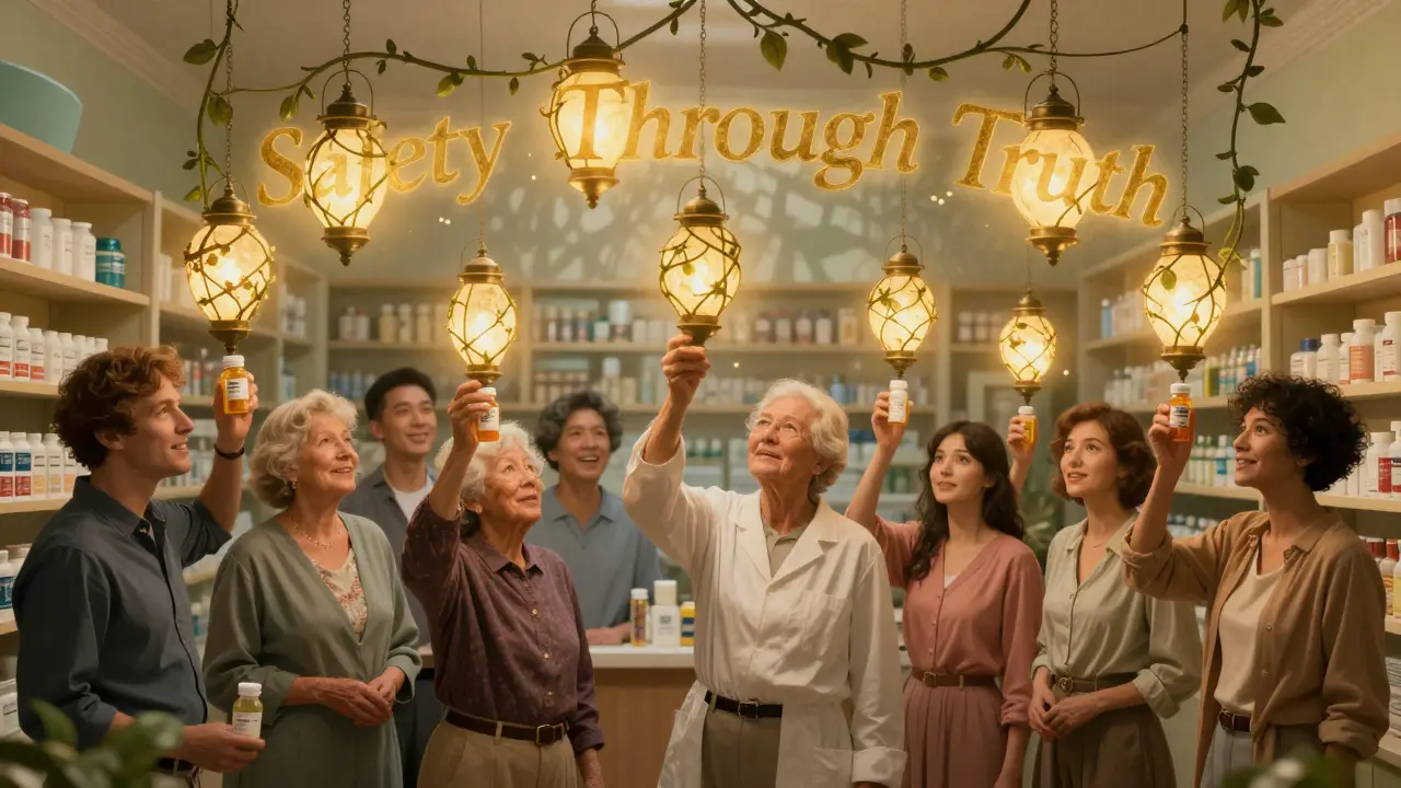 Patients holding pill bottles that glow as lanterns forming a constellation above them, symbolizing medication safety.