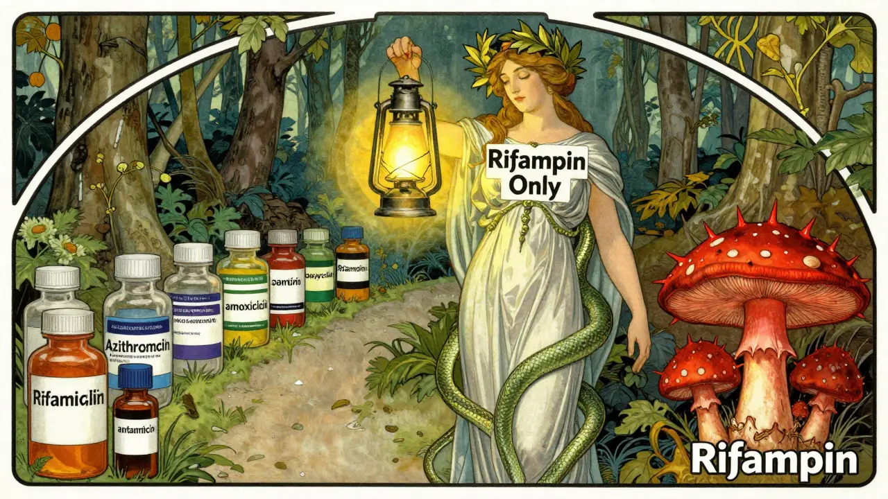 Personification of Science holding a lantern labeled 'Rifampin Only', illuminating peaceful antibiotics while a red dangerous capsule glows ahead.