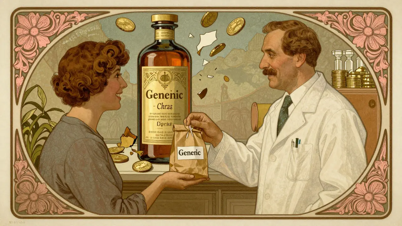Pharmacist giving a generic pill to a patient while a luxury brand-name bottle breaks into coins and leaves.