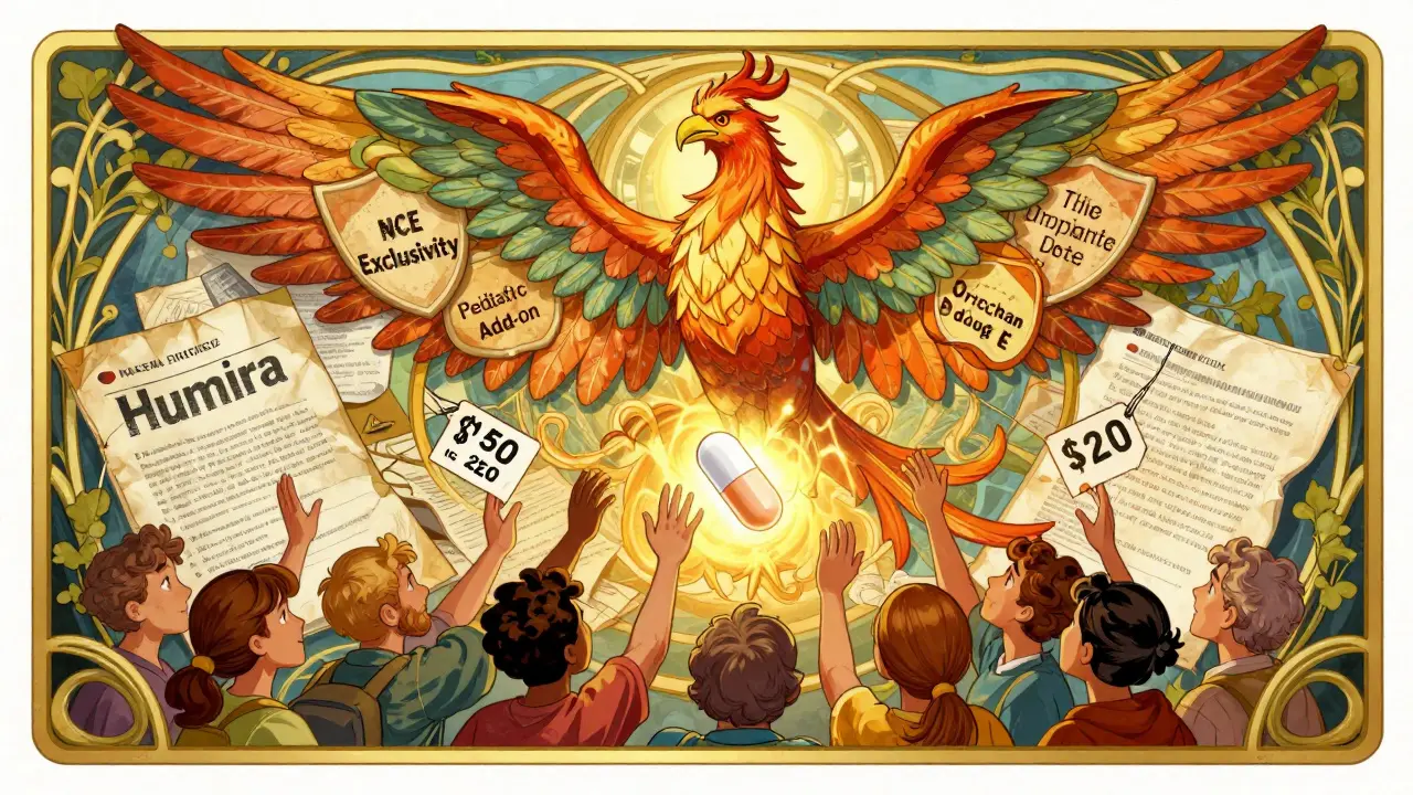 Phoenix rising from expired patents, wings made of regulatory exclusivity labels, patients reaching for cheaper generics.