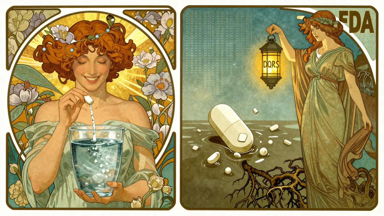 Split image: perfect pill dissolving vs. crumbling pill, with FDA figure inspecting data patterns.