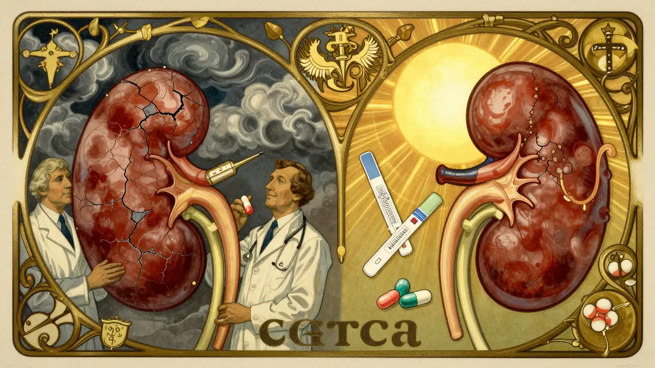 Split scene: damaged kidney in storm vs. healthy kidney in light, framed by medical vines in Art Nouveau poster style.