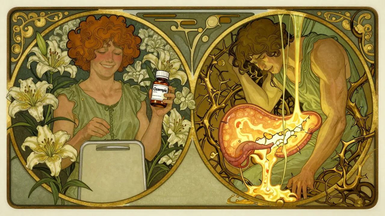 Split scene: happy person with weight loss pill on one side, same person in pain with glowing gallbladder on the other.