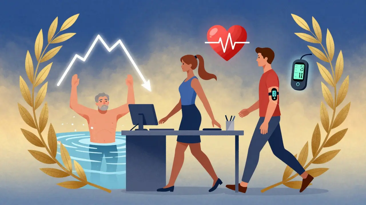 Three people exercising with floating health icons, framed by laurel wreaths as symbols of wellness.