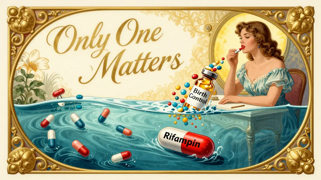 Woman at vanity with pills flowing safely past antibiotics, one red capsule sinking, with elegant text: 'Only One Matters'.