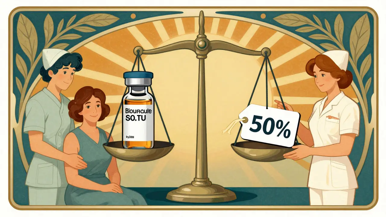 A balanced scale compares a biosimilar drug to a branded one, with supportive figures and leafy patterns.