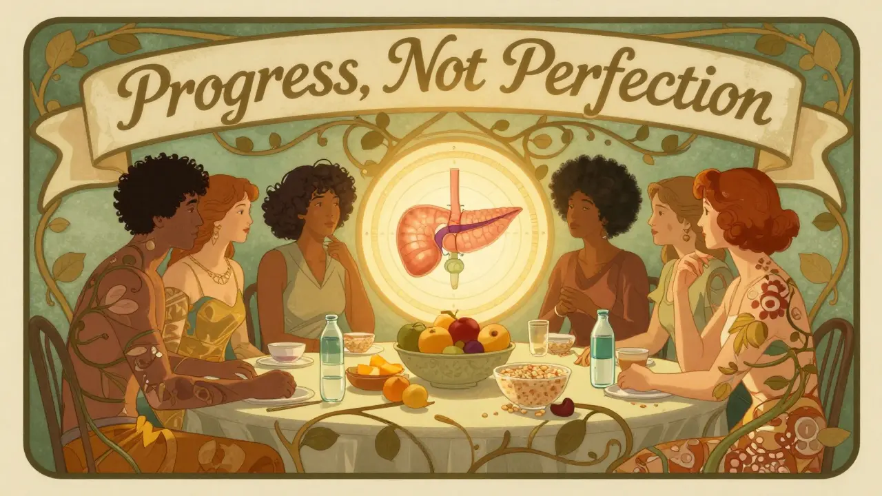 A group of people at a table with healthy foods, their forms blending into vines leading to a glowing pancreas in Art Nouveau style.