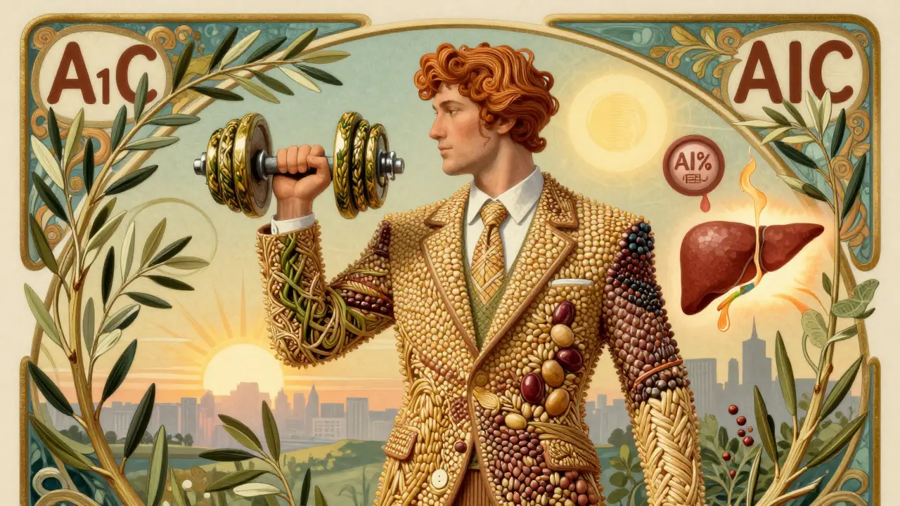 A man lifting a branch-shaped dumbbell, surrounded by symbols of improved insulin sensitivity and liver health in Art Nouveau design.