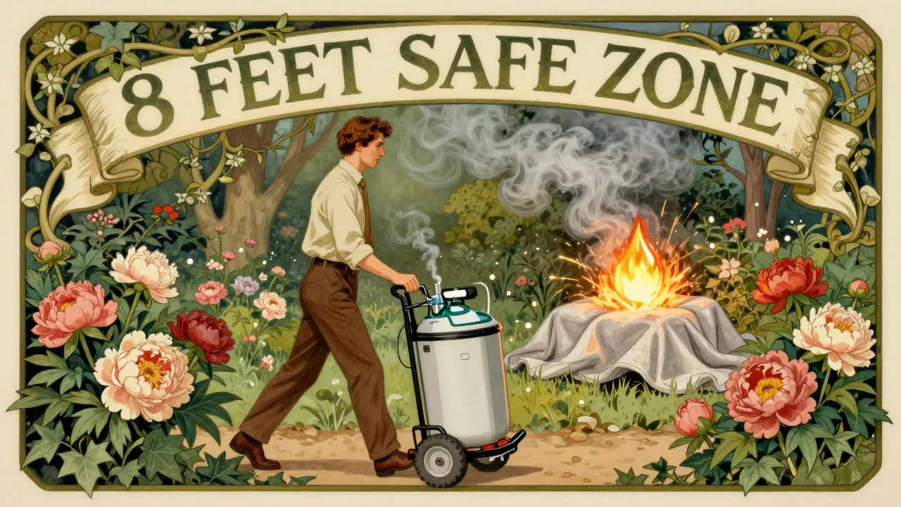A man walking in a garden with a portable oxygen concentrator on a cart, surrounded by blooming flowers and a glowing '8 FEET SAFE ZONE' banner.