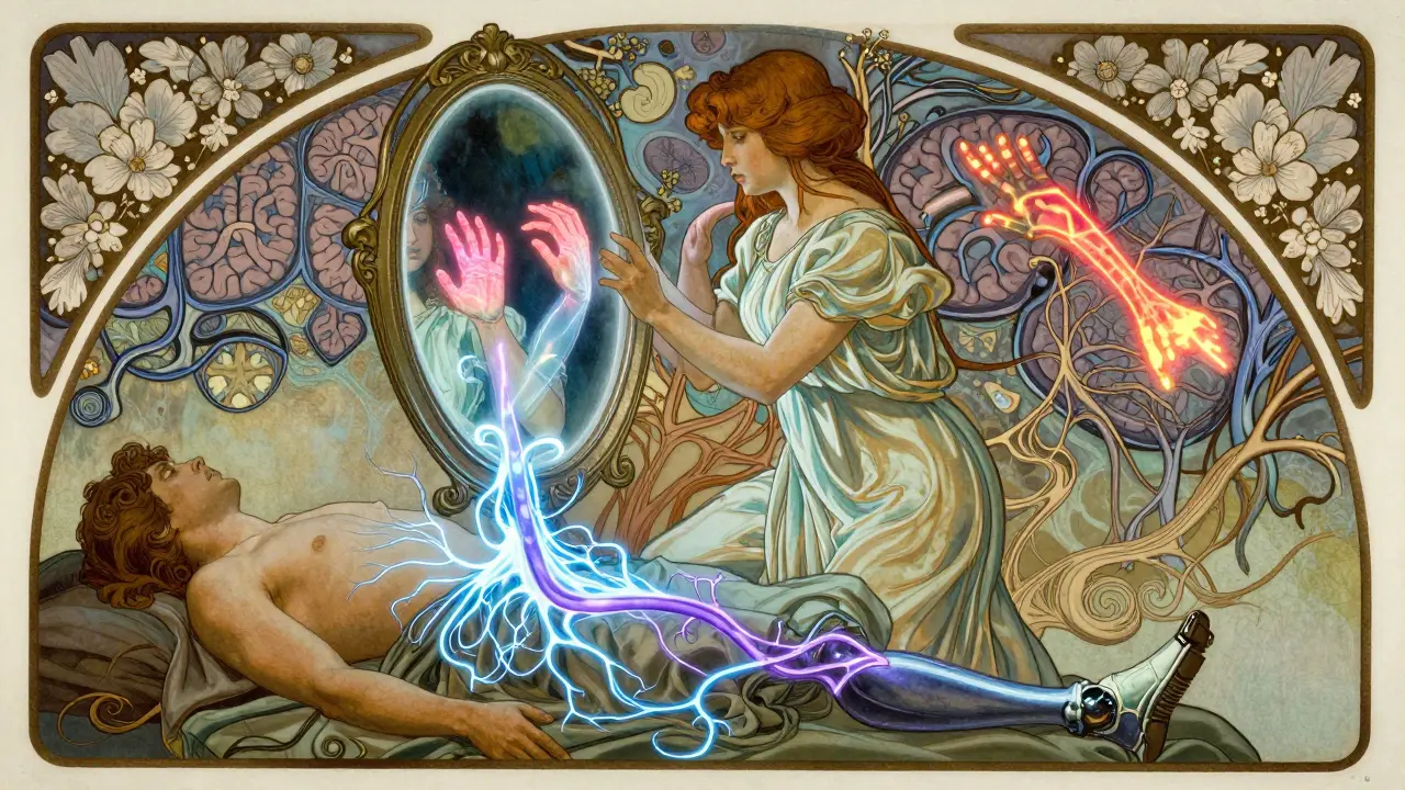 A neuroscientist using a mirror to illustrate how the brain rewires after amputation, with glowing neural pathways and floral motifs.