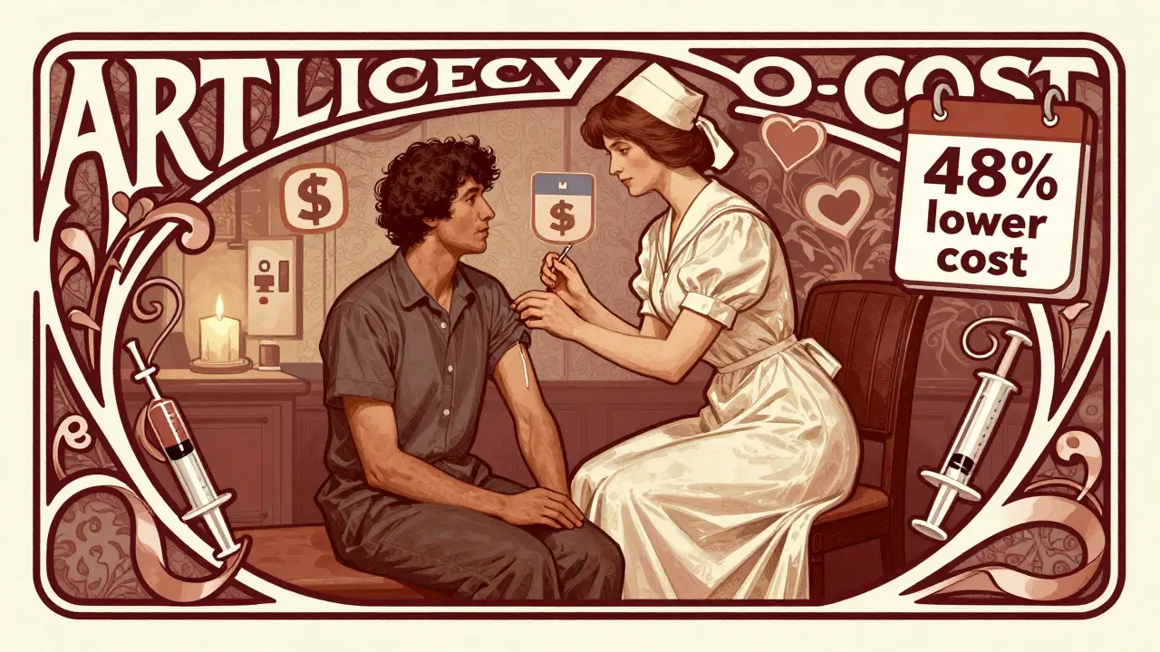 A nurse gives an injection at home, with icons showing cost savings and care quality in an ornate Art Nouveau style.