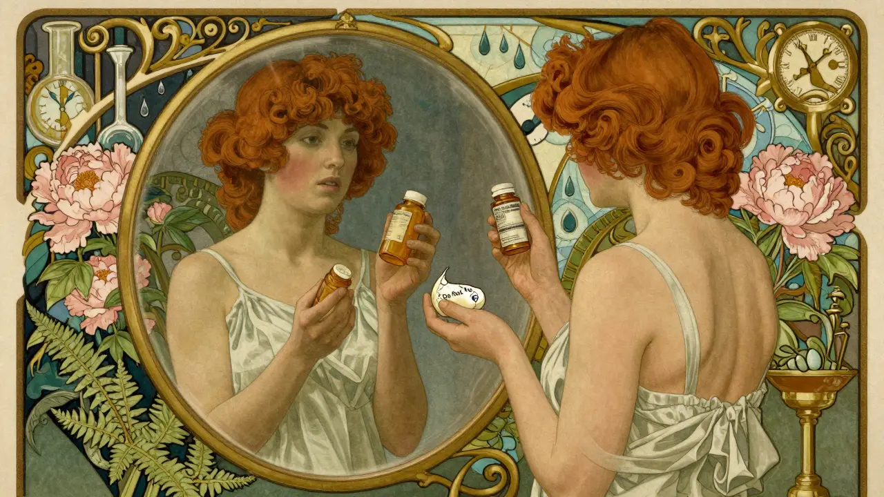 A person facing a mirror showing expired medications, with swirling medical symbols and Art Nouveau vines in the background.