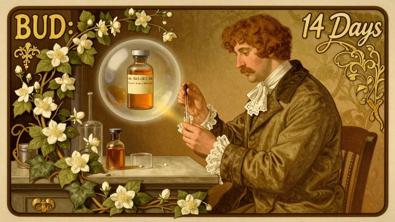A pharmacist labeling a compounded liquid vial with ornate floral details and golden script, under warm amber light.
