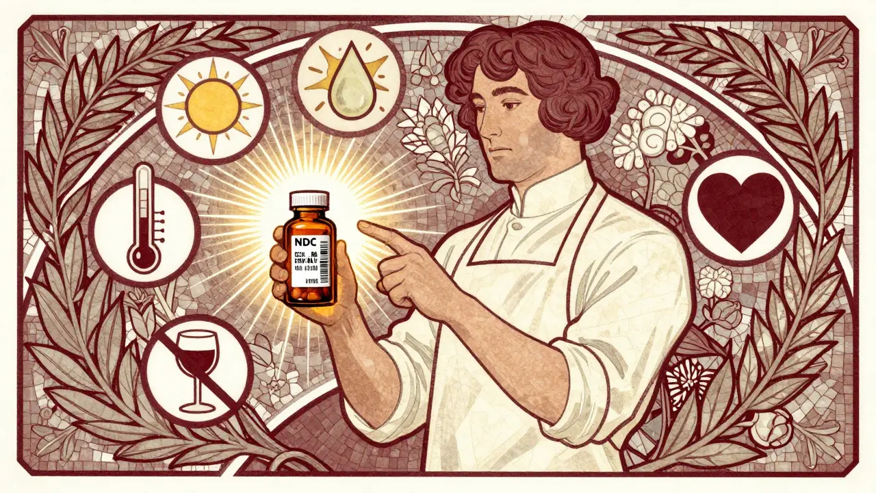 A pharmacist pointing to a pill bottle with glowing safety symbols and a radiant NDC code in Art Nouveau style.