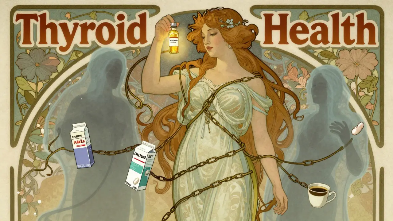 A radiant figure holds thyroid medication while calcium, iron, and food interferences are chained away by flowing vines.