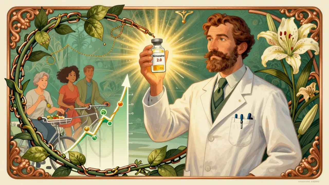 A scientist holds a glowing vial of next-gen mirtazapine as weight chains turn to vines and glucose graphs become lilies.