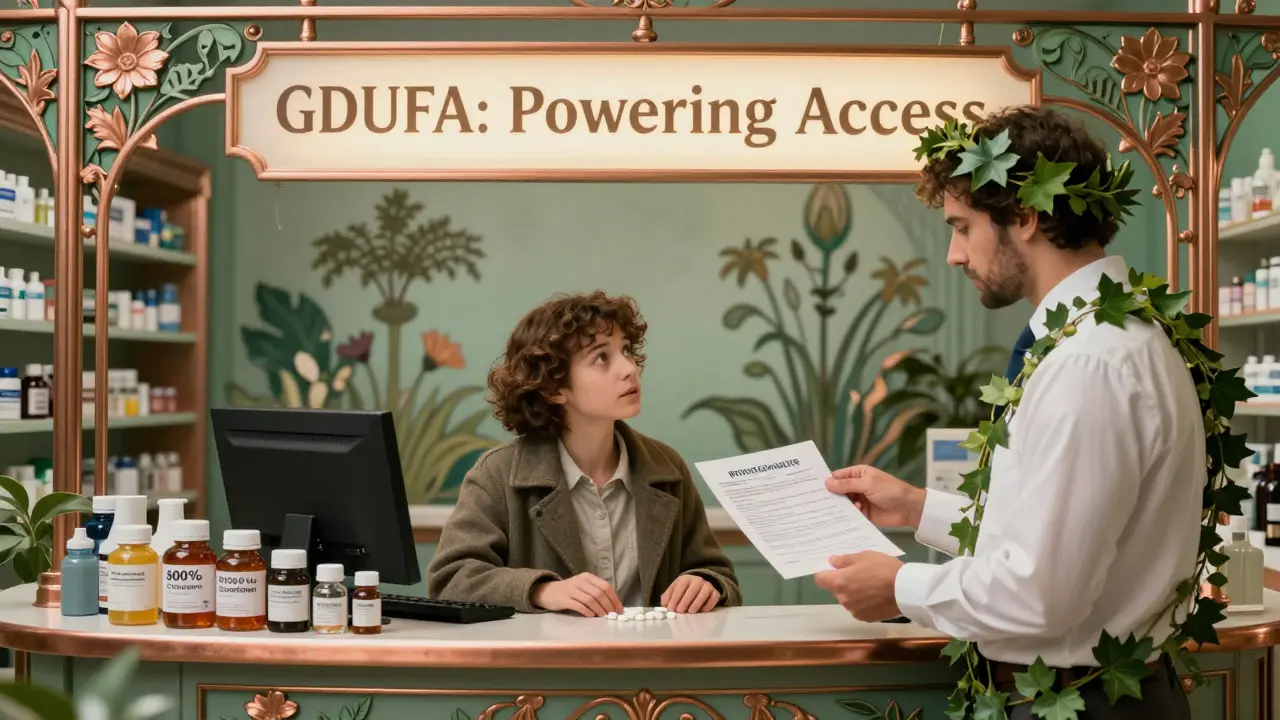 A small business owner receives approval from an FDA inspector at a pharmacy counter overflowing with cheap generic pills under Art Nouveau style.