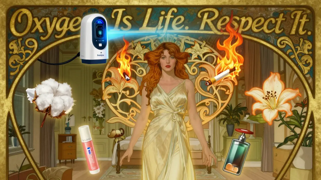 A woman at the center of a glowing home with floating safety icons, flames contained by lily-shaped force field, and a smart oxygen device emitting a protective blue pulse.