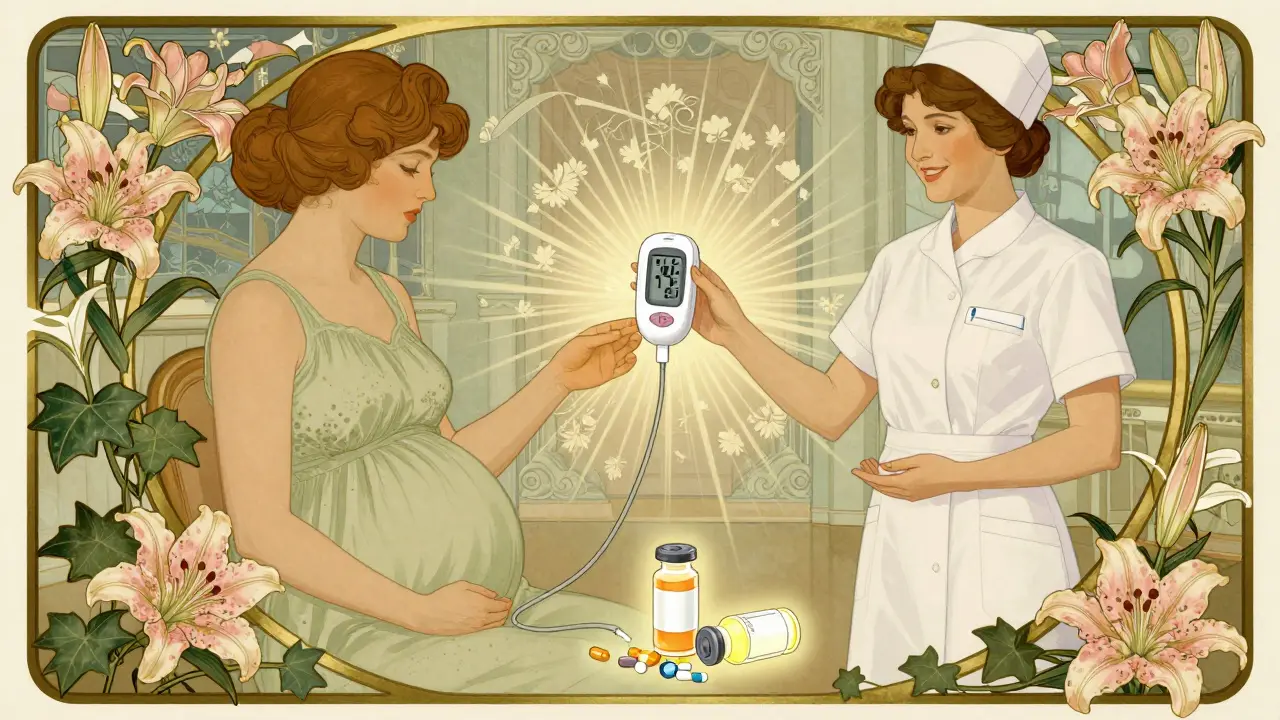 A woman uses a glucose monitor in a floral clinic setting, with insulin vial as the central symbol.
