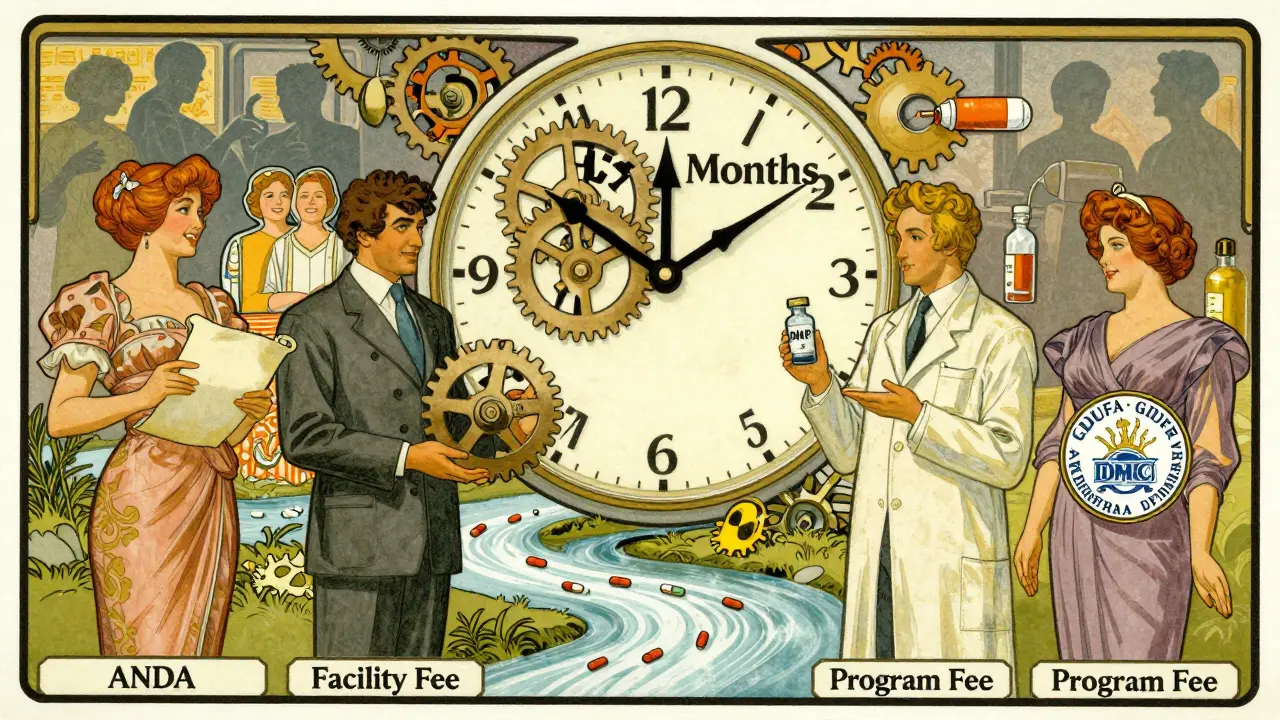 An ornate clock with pill-shaped gears shows '15 Months' as four elegant figures represent GDUFA fees, with pills flowing toward patients.