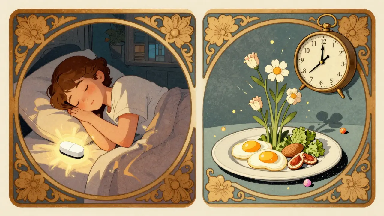 Split scene: a person sleeps peacefully with a low-dose pill, while morning brings healthy foods glowing like flowers.