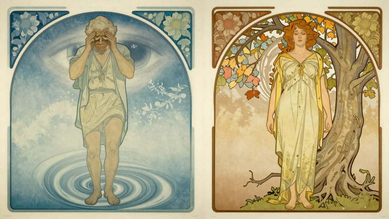 Split scene: left with dizziness vortex, right with calm person and growing tree.