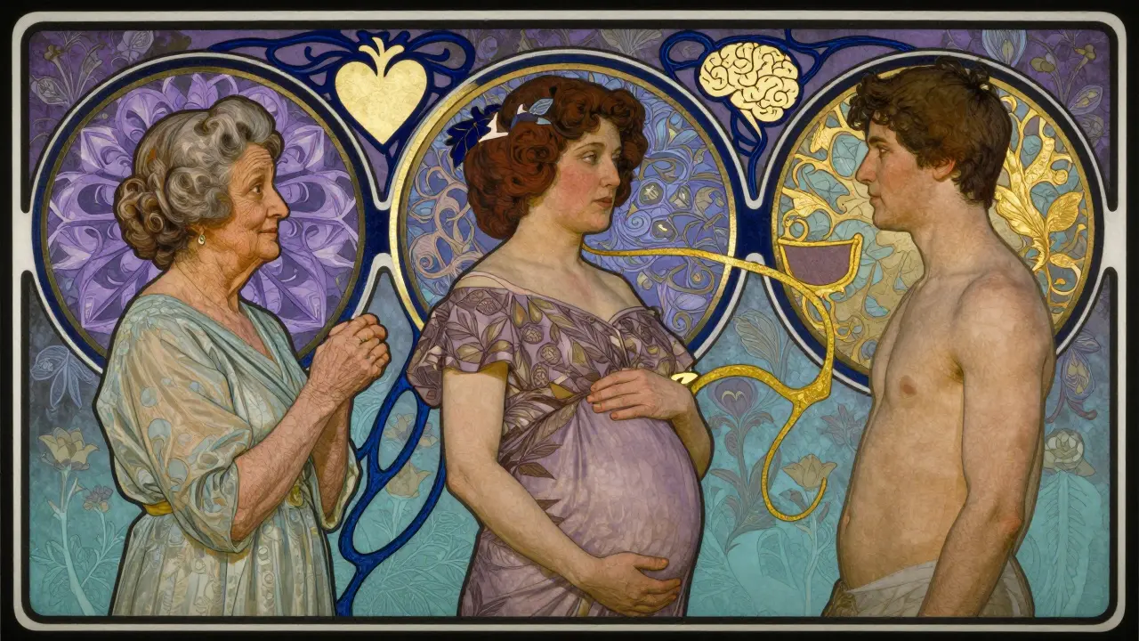 Three figures with black borders and symbols of heart, cradle, brain in Art Nouveau style.