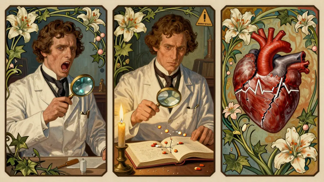 Triptych of a pharmacist revealing deadly drug interactions through magnifying glass, with toxic connections shown in swirling vines.