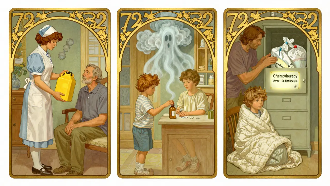 Triptych showing safe chemotherapy disposal: nurse, child at risk, and safe storage with glowing labels.