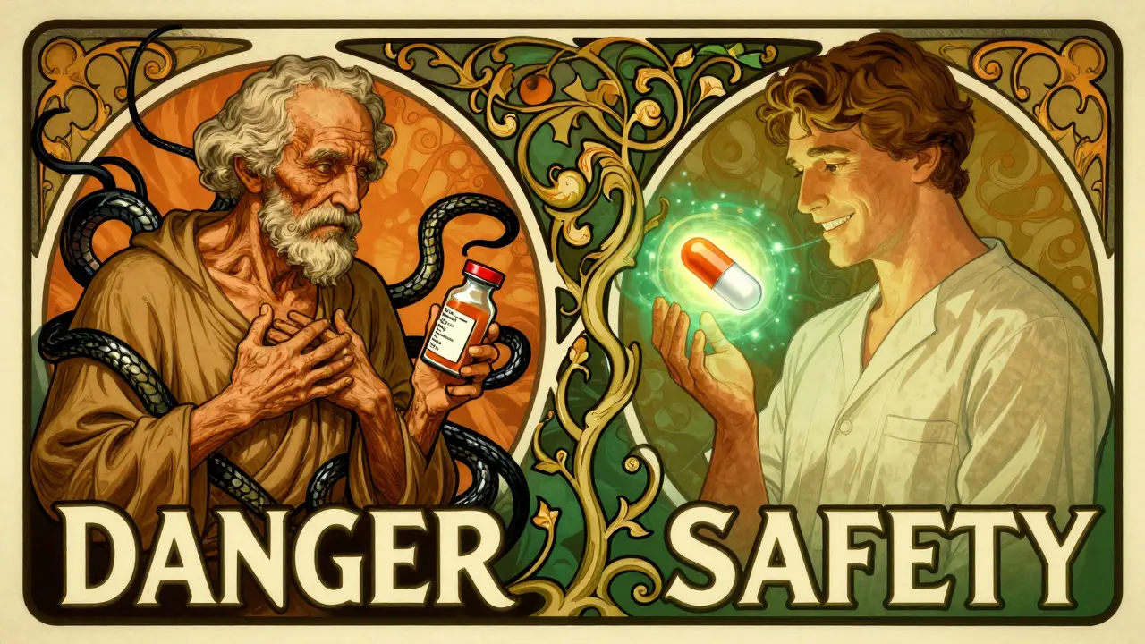 Vintage medical billboard contrasting a sick man poisoned by clarithromycin with a healthy man safe beside azithromycin.