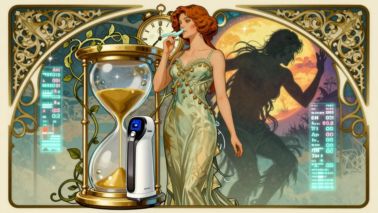 A confident woman stands beside a gilded hourglass-shaped CPAP machine, with vines of air flowing into her nose and her shadow transforming from zombie to awake.