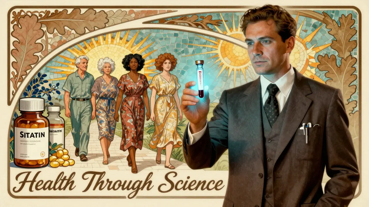A doctor holds a blood test vial as diverse patients walk forward under sunbursts and floral motifs.