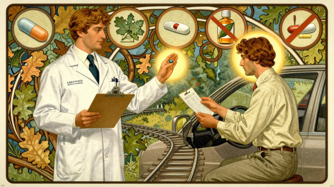 A Medical Examiner reviewing medications with ornate icons of banned drugs, set against railroad tracks and oak leaves in Art Nouveau style.